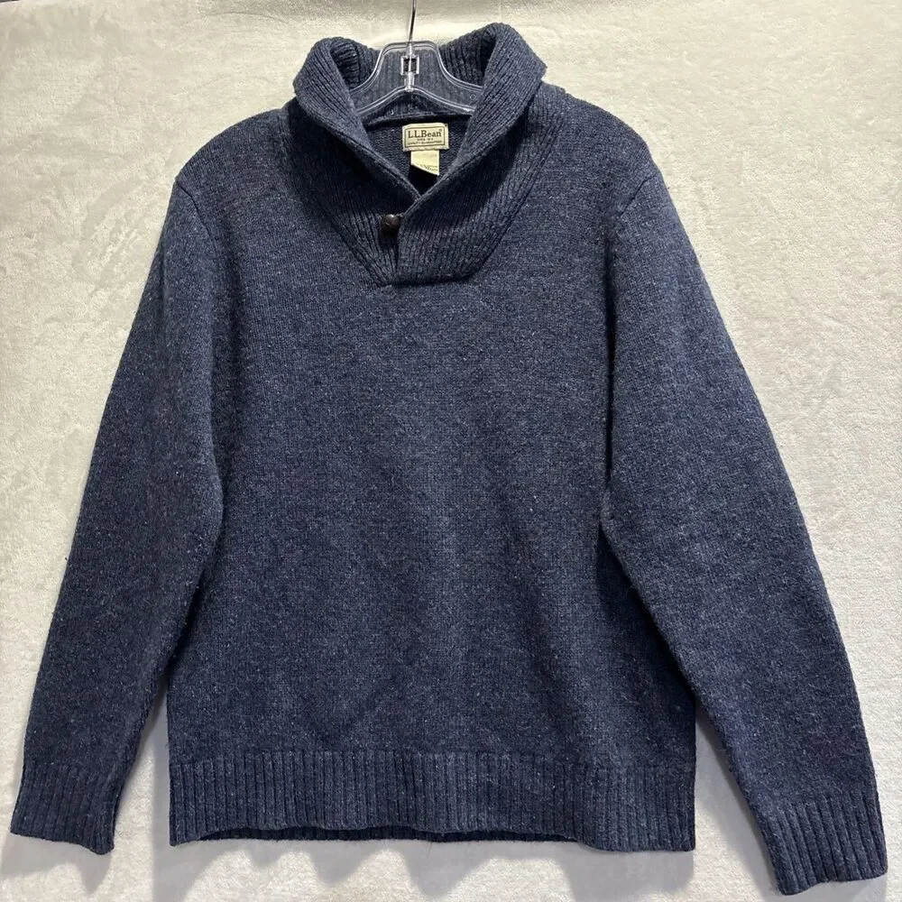 LL Bean Shetland Wool Shawl Collar Sweater Men's Size Large Blue Elbow Patches